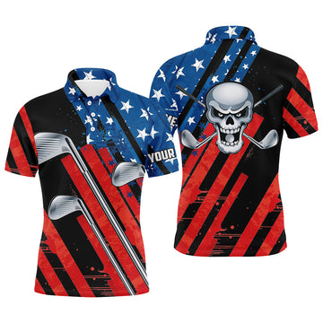 Custom Name American Flag 4th July Skull Golf Clubs Apparel Men's Polo Shirt