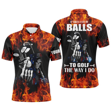 Custom Men's Golf Polo Shirt Name Flame Skull It Takes a Lot of Balls S-5XL