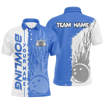 Custom White Blue Flame Bowling Ball Pins Team Shirt Men's Polo Shirt S-5XL