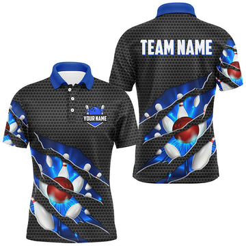 Black and Blue Scratch Bowling Quarter Zip Custom Men's Polo Shirt S-5XL