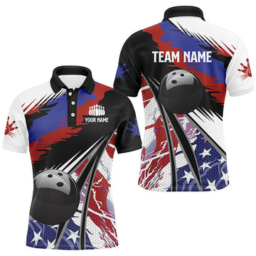 Custom Black Ball American Flag Bowling Team League Men's Polo Shirt