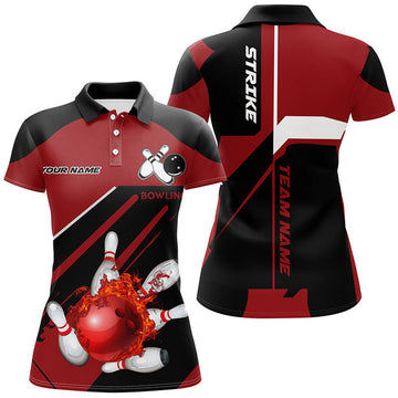 Custom Black Red Flame Strike Design Bowling Shirt Women's Polo Shirts S-5XL