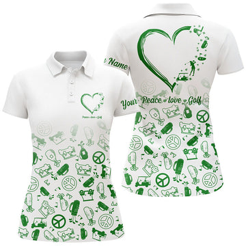 Custom Name Green Heart Peace Love Golf Shirt for Women Women's Polo Shirts S-5XL