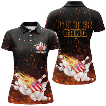 Custom Name Flame American Flag Bowling Shirt Gutter Gang Women's Polo Shirts S-5XL