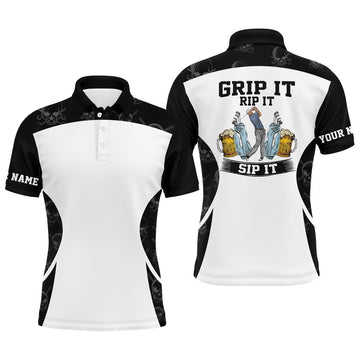 Funny Golf Polo Grip It Rip It Sip It Custom Name Skull Men's Polo Shirt S-5XL