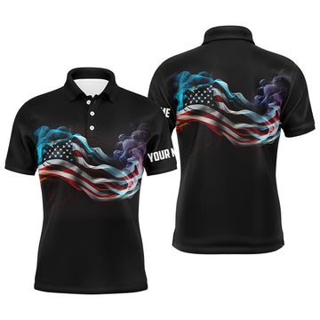 Custom Smoke American Flag Patriotic Black Golf Tops Men's Polo Shirt S-5XL