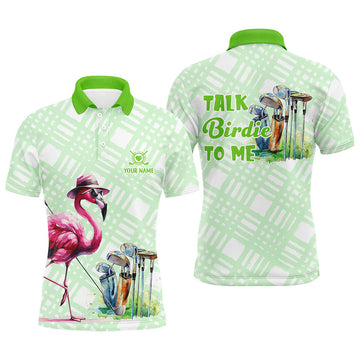 Custom Green Flamingo Golf Shirt Talk Birdie to Me Men's Polo Shirt S-5XL