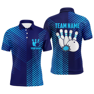 Blue stripes pattern bowling ball pins custom Men's Polo Shirt Size S-5XL