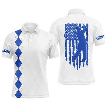 Custom Name Blue American Flag Men's Polo Shirt Patriotic 4th July Gift