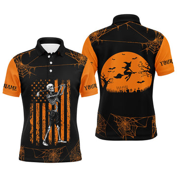 Custom Black Orange American Flag Golf Halloween Skull Men's Polo Shirt S-5XL