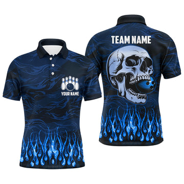 Custom Blue Camo Flame Skull Quarter Zip Bowling Polo Shirt Men's S-5XL