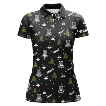 Custom Black Christmas Disc Golf Shirt with Frisbee Pattern Women's Polo Shirts S-5XL