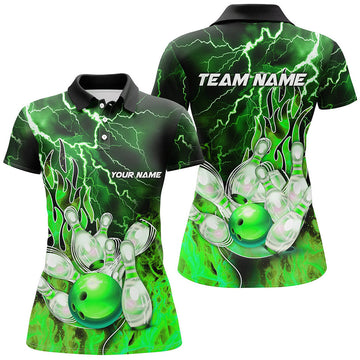 Custom Green Lightning Thunder Bowling Team Gift Women's Polo Shirts S-5XL