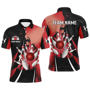 Black Red Retro Bowling Polo Shirt Custom Ball Pins Team Men's Polo Shirt S-5XL