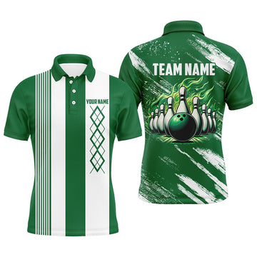 Green White Argyle Flame Bowling Stylish Casual Men's Polo Shirt S-5XL