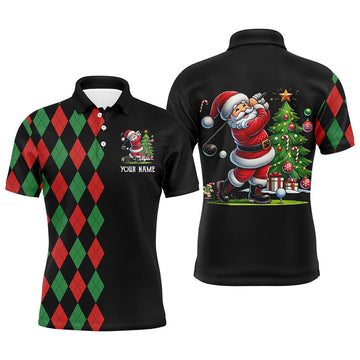 Christmas Santa Golfer Outfit Red Green Argyle Black Men's Polo Shirt S-5XL