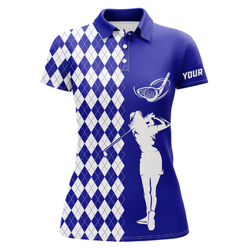 Custom Name Argyle Blue Golf Shirt for Women White Women's Polo Shirts S-5XL