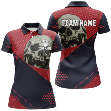 Custom Personalized Red and Navy Skull Bowling Shirts for Women's Bowling Team S-5XL
