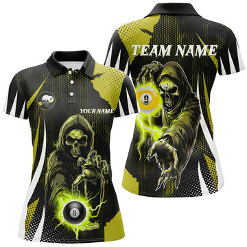 Custom Funny Yellow Skeleton with 8 Ball 9 Ball Billiard Women's Polo Shirts S-5XL