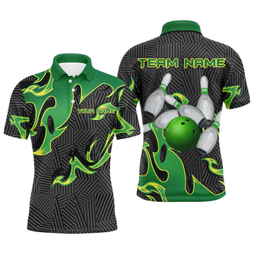 Green Flame Black Camo Bowling Quarter Zip Mens Polo Shirt S-5XL