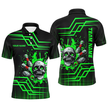 Black Green Bowling Skull Short Sleeve Casual Men's Polo Shirt S-5XL