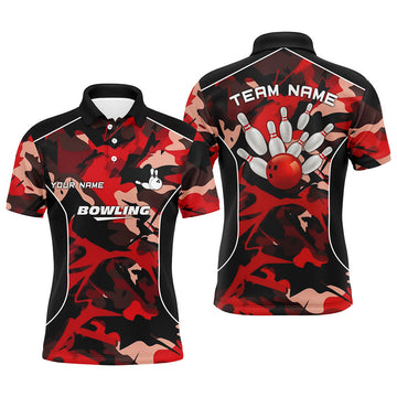 Custom Bowling Shirt Red Camo Bowling Ball and Pins Men's Polo Shirt S-5XL