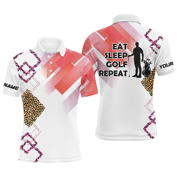 Funny Pink Leopard Pattern Golf Shirt Eat Sleep Golf Repeat Men's Polo Shirt S-5XL