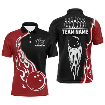 Black Red Flame Bowling Quarter Zip Custom Team Men's Polo Shirt S-5XL