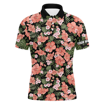 Custom Tropical Pink Hibiscus Black Pattern Golf Tops Men's Polo Shirt S-5XL