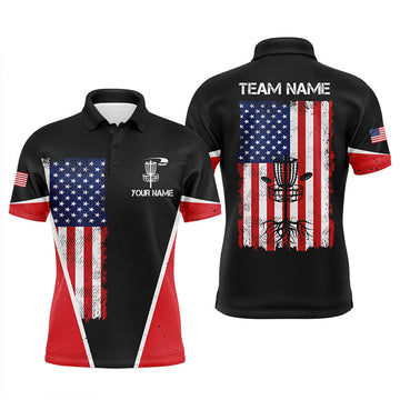 Custom Black Vintage American Flag Frisbee Golf Men's Polo Shirt S-5XL