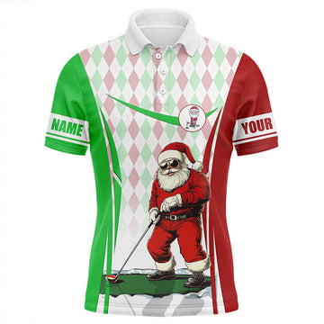 Christmas Golf Santa Playing Red White Green Argyle Men's Polo Shirt S-5XL