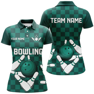Custom Green Checkered Team Bowling Shirt Ladies Outfit Women's Polo Shirts S-5XL