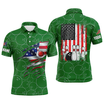 Green Bowling Vintage American Flag Custom Name Men's Polo Shirt S-5XL