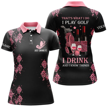 Custom Pink Leopard Funny Golf Shirt Name and Wine Quote Women's Polo Shirts S-5XL