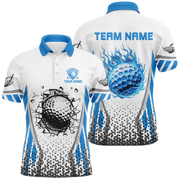 Custom Blue Flame Golf Ball Wall Break White Golf Attire Men's Polo Shirt S-5XL