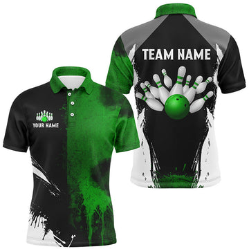 Black Green Bowling Style Short Sleeve Men's Polo Shirt S-5XL