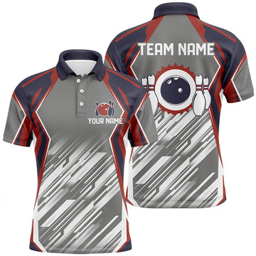 Grey Abstract Pattern Retro Bowling Ball And Pins Custom Team Men's Polo Shirt S-5XL