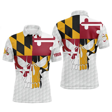 Maryland Flag Skull Golf Ball Patriotic Mens Polo Shirt S-5XL