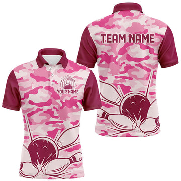 Pink Camo Custom Bowling Team Polo Shirt for Men S-5XL