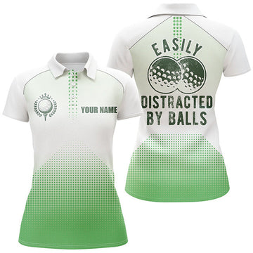 Custom White Green Funny Golf Easily Distracted by Balls Women's Polo Shirts S-5XL