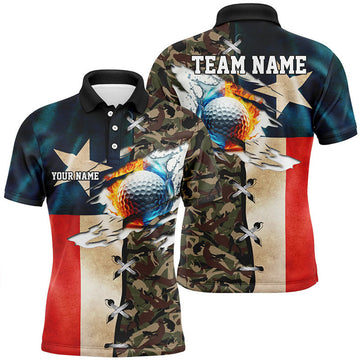 Texas Flag Camo Golf Polo Custom Fire Water Ball Team Men's Polo Shirt S-5XL