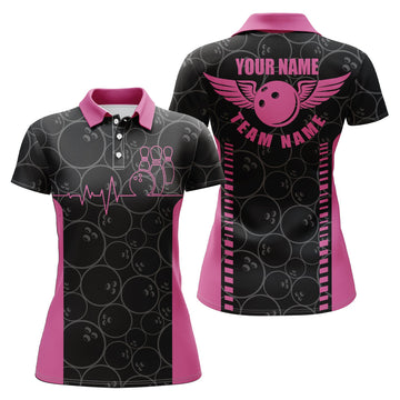 Custom Funny Bowling Team Heartbeat Pink Shirt For Women's Polo Shirts S-5XL