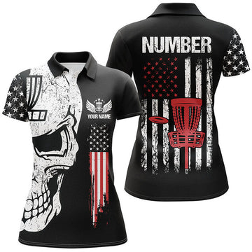 Custom Patriotic Disc Golf Skull Apparel American Flag Women's Polo Shirts S-5XL