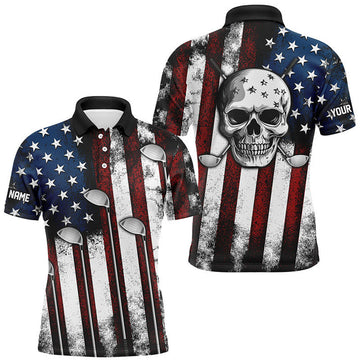 Custom American Flag Golf Shirt Skull Patriotic Golf Attire Men's Polo Shirt S-5XL