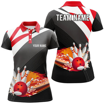 Custom Bowling Shirt Flame Bowling Ball Fire Team Ladies Women's Polo Shirts S-5XL