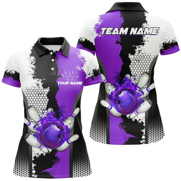 Custom Bowling with Fire and Purple League Design Women's Polo Shirts S-5XL