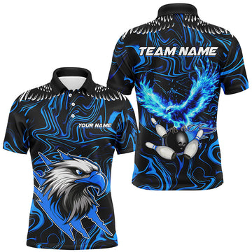 Black Blue Camo Flame Eagle Bowling Polo Shirt for Men S-5XL