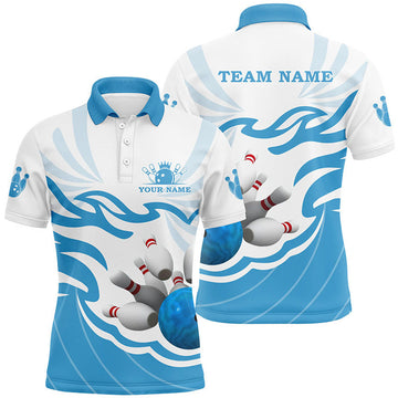 White Blue Quarter Zip Bowling Team League Mens Polo Shirt S-5XL
