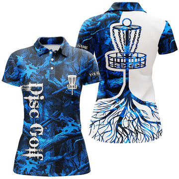 Custom Name Blue Camo Disc Golf Shirt with Basket Design Women's Polo Shirts S-5XL