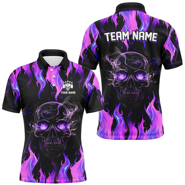 Purple Flame Skull Bowling Style Short Sleeve Men's Polo Shirt S-5XL